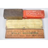 A Brass Cribbage Board, a Wooden Wills's Woodbines Example and Two Sets of Dominoes, Railway Brand