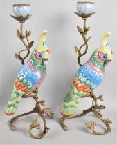 A Pair of Modern Bronze and Porcelain Candlesticks in the Form of Parrots Perched on Oak Branches