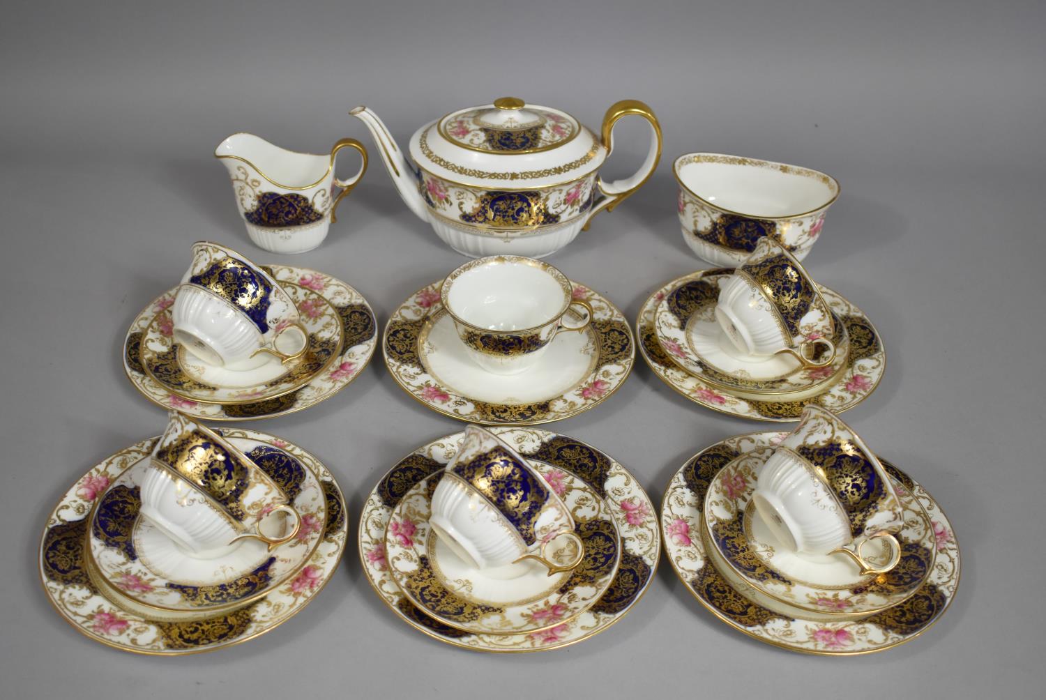 A Late 19th/Early 20th Century Wedgwood Tea Set Decorated with Floral Gilt and Cobalt Blue Inset