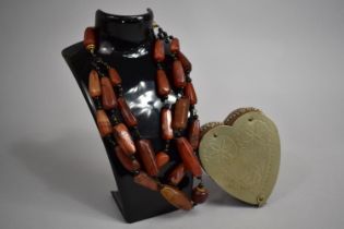 A Vintage Carnelian Stone Necklace with Black Bead Spacers, Barrel Clasp Together with Leather