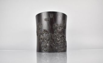 A Nice Quality Chinese Hardwood Bitong/Brush Pot Decorated in Relief with Blooming Flowers and