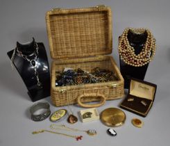 A Smaller Wicker Hamper Containing Various Jewellery, Cufflinks, Powder Compact etc