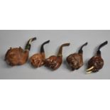 A Collection of Six Various Carved Wooden Pipes to include Bulls Head, Elephant, Skull Etc