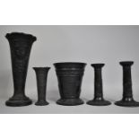 Five Pieces of 19th/20th Century Wedgwood Basalt Comprise Large Vase of Trumpet form Decorated in