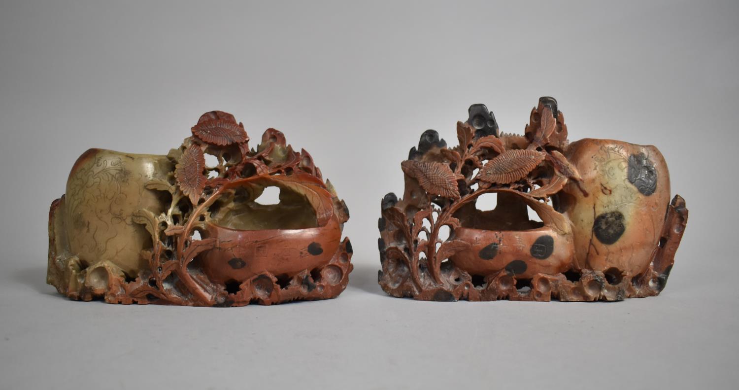 A Pair of Chinese Carved Soapstone Brush Washers, Each 20cms Wide (AF)
