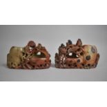 A Pair of Chinese Carved Soapstone Brush Washers, Each 20cms Wide (AF)