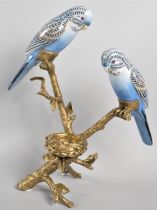 A Reproduction Porcelain and Brass Novelty Stand in the Form of Two Budgerigars on Branch above