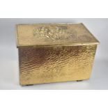 A Mid 20th century Embossed Brass Slipper Box, Hinged Lid Decorated with Tavern Scene, 43cms Wide