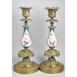 A Pair of Late 19th Century French Gilt Bronze and Porcelain Sevres Candlesticks with hand Painted