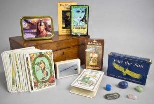 An Edwardian Mahogany Box Containing Packs of Tarot Cards, Face the Sun Cards, Affirmations Etc