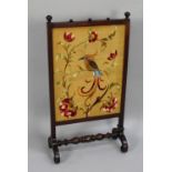 A Late 19th Century Mahogany Framed Silk Embroidered Fire Screen Depicting Exotic Bird in Branch,