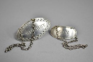 Two Silver Decanter Labels for 'Gin' and 'Sherry', Not Hallmarked but Test for Silver