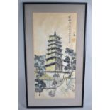 A Framed Oriental Watercolour Depicting Pagoda Scene in Winter, 67x32cms