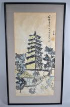 A Framed Oriental Watercolour Depicting Pagoda Scene in Winter, 67x32cms