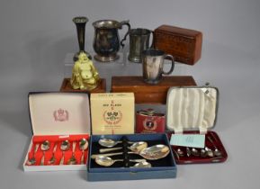 A Collection of Various Sundries to comprise Silver Plated Tankard, Cased Cutlery, Wooden Boxes Etc