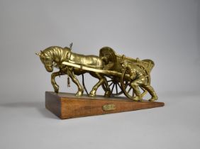 A Cast Brass Study of Horse, Cart, and Farmer Set on Inclined Wooden Plinth Base 'Toil', 43cms Long