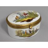 A 19th Century Porcelain Box of Oval Form with Hinged Lid and Gilt Metal Clasp Having Hand Painted