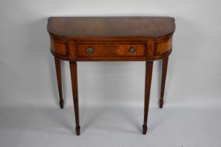 A Reproduction Bow Fronted Side Table with Single Drawer, Square Tapering Legs, Crossbanded