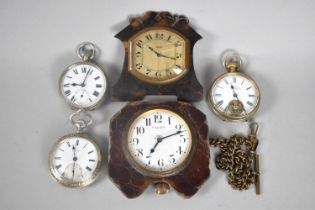 A Collection of Two Travel Clocks, Three Pocket Watches and a Watch Chain