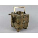 A Late 19th/Early 20th Century Chinese Brass Teapot of Cube Form on Bracket Feet, Two Hinged Handles