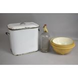 A Vintage Enamel Bread Bin together with Three Vintage Glazed Mixing Bowls and a Syphon for W Carter