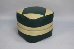 A 1950s Leather Upholstered Pouffe in Green and Cream, 40cms Square