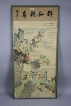 A Framed Chinese Print Depicting Courtesans in Garden, 122x56cms