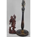 A Laquered Wooden Chinoiserie Table Lamp and a Carved Wooden Chinese Figure of a Fisherman, Lamp