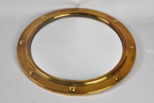 A Modern Circular Brass Framed Convex Wall Mirror, 30cms Diameter