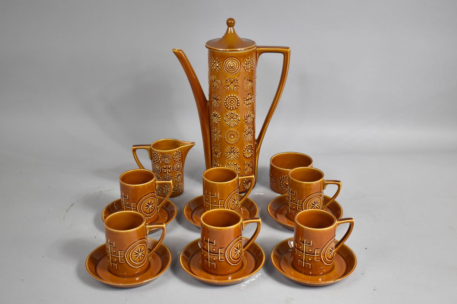 A Portmeirion Totem Treacle Glazed Coffee Set to comprise Coffee Pot, Milk Jug, Sugar Bowl, Six