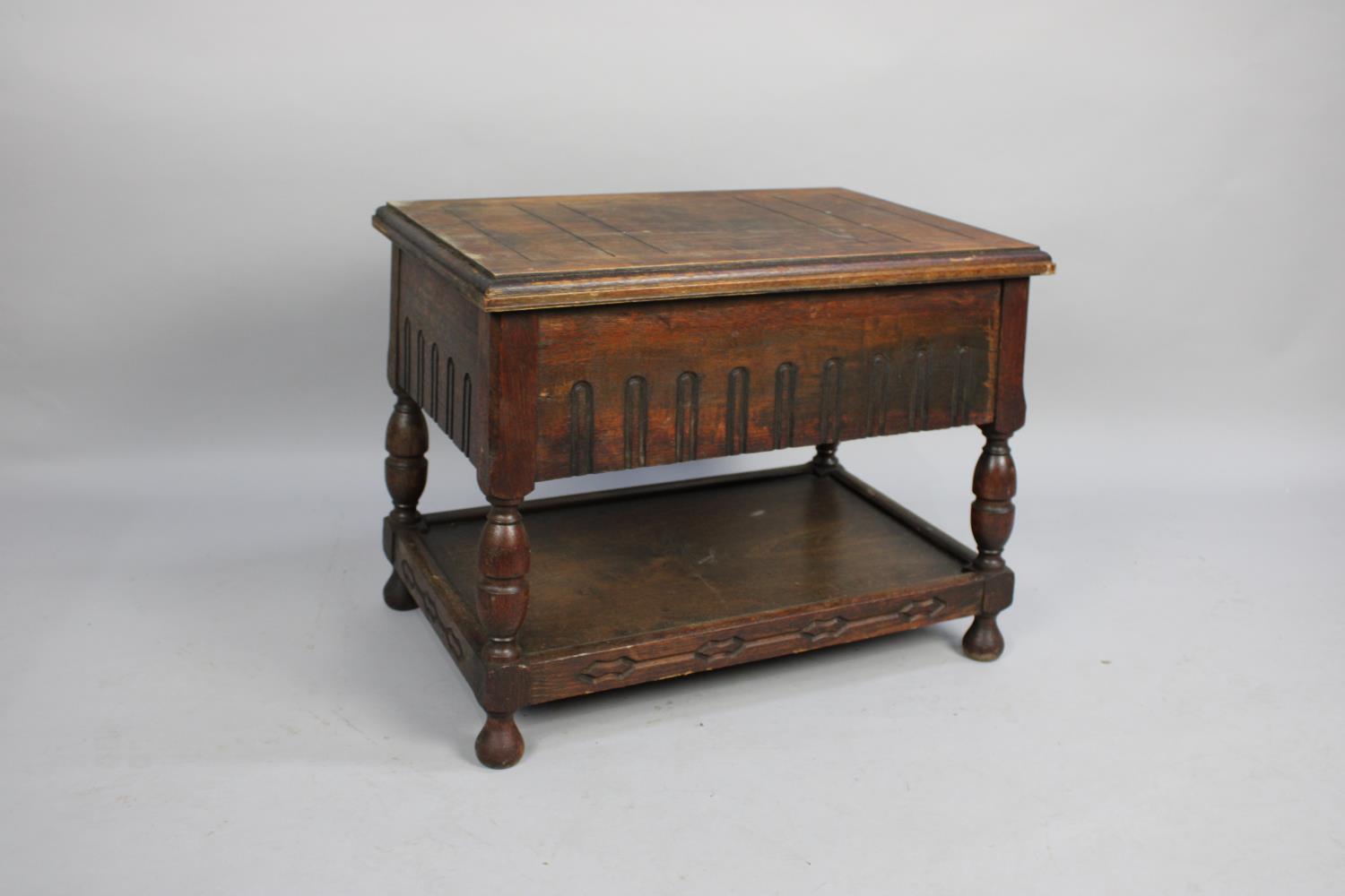 A Mid 20th Century Oak Lift Top Sewing Box with Stretcher Shelf, Hinged Lid to Fitted Interior