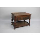 A Mid 20th Century Oak Lift Top Sewing Box with Stretcher Shelf, Hinged Lid to Fitted Interior