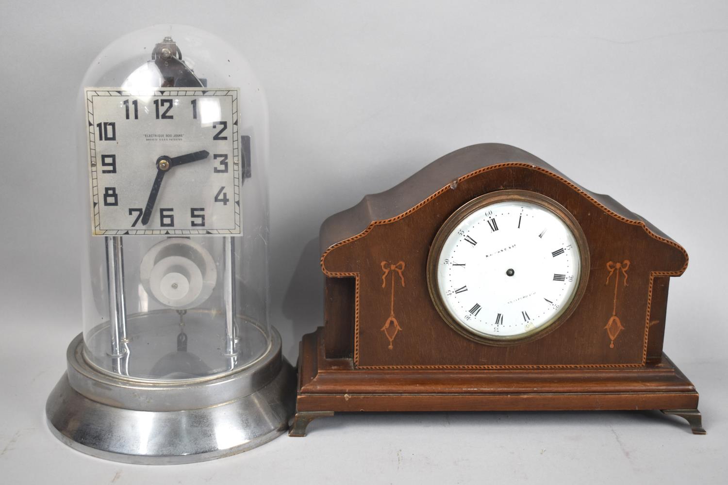 An Edwardian Inlaid Mahogany Mantel Clock for Full Restoration together with a Continental