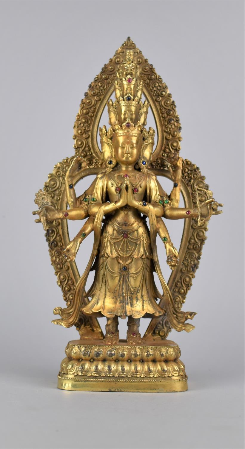A Reproduction Tibetan Gilt Bronze Study of Buddha/Ushnishavijaya with Jewelled Decoration, 28cm