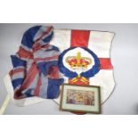 A Small Collection or Royal Memorabilia to include Flags and Framed Coronation Silk by Brocklehurst