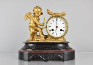 A French Gilt Bronze Figural Drum Clock on Slate and Marble Breakfront Plinth, Mounted with Cupid