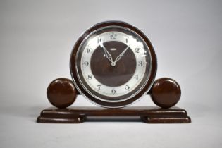 An Art Deco Chrome and Wooden Mantel Clock of Circular Form by Metamec, Plinth Base 30cms Wide,