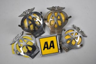 A Collection of Four Vintage Chrome and Yellow AA Badges together with a Single Later Example