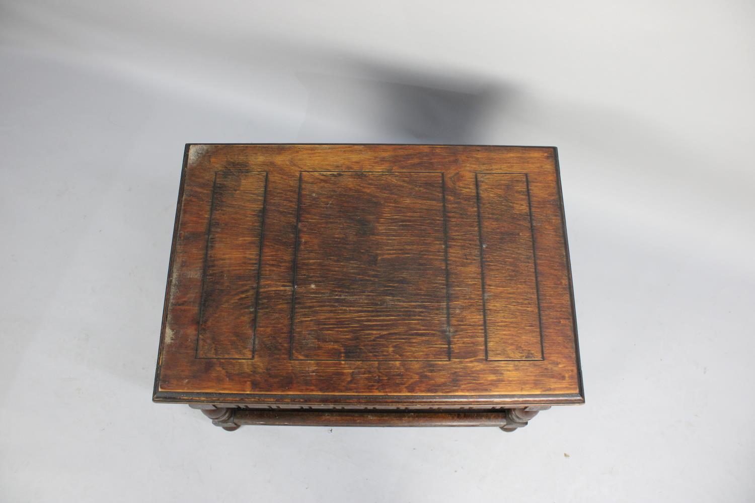 A Mid 20th Century Oak Lift Top Sewing Box with Stretcher Shelf, Hinged Lid to Fitted Interior - Image 2 of 3