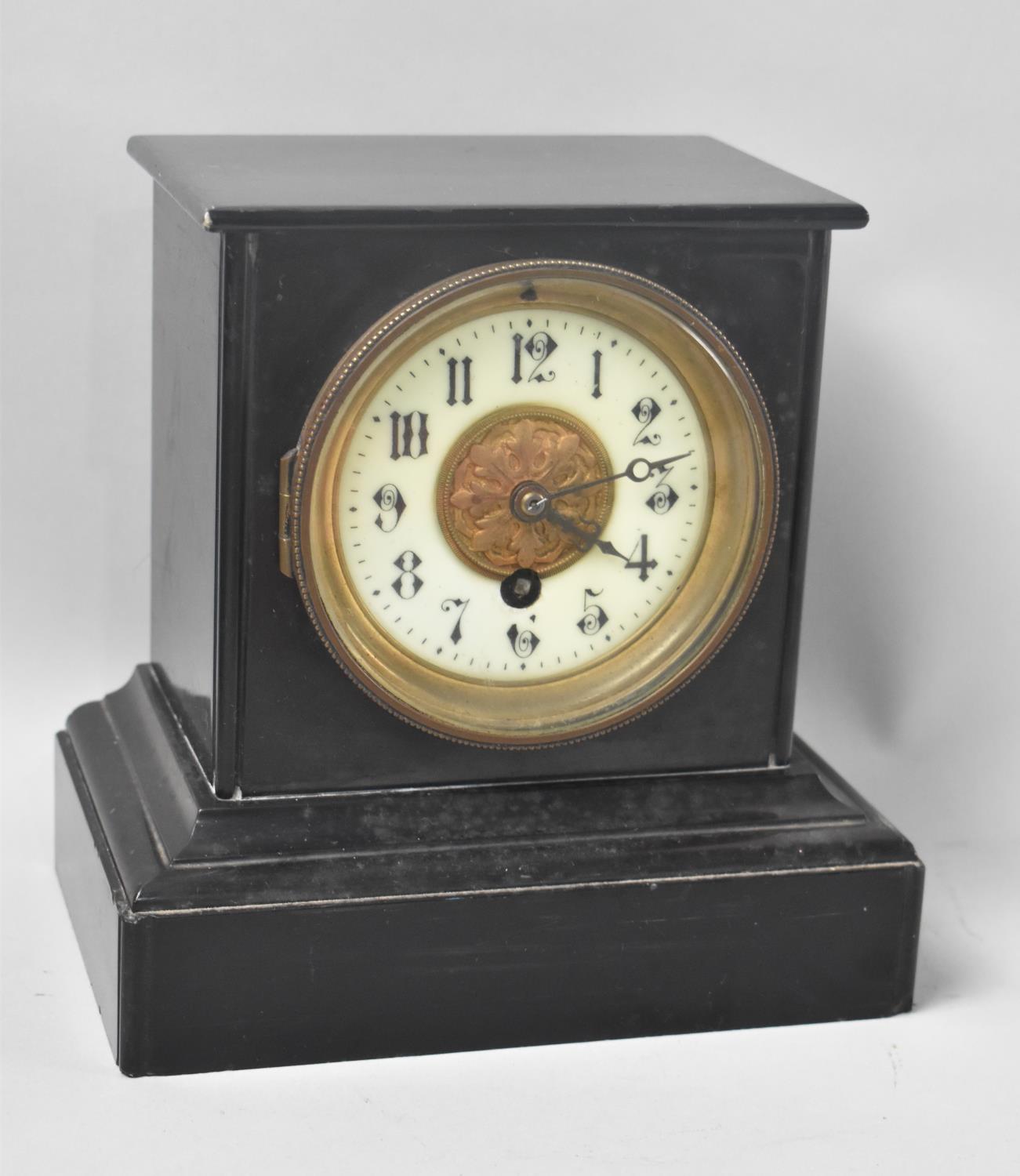 A Late 19th/Early 20th Century French Black Slate Mantel Clock, Missing Pendulum, 19cms Wide and
