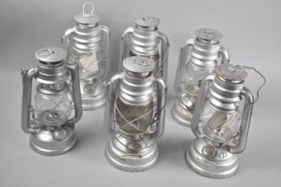 A Collection of Six Various Mid 20th Century Metal Hurricane Lamps, Each 26cms High