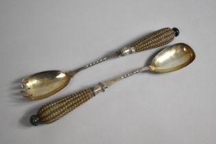 A Pair of Silver Plated Salad Servers with Doulton on Lambeth Stoneware Handles Decorated in The