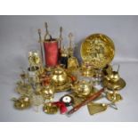 A Collection of Various Brass to comprise Chargers, Kettle and Iron Trivet, Teapots Etc