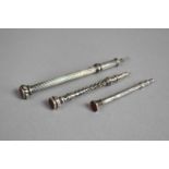 Three Silver Sliding Pencils all with Jewelled Ends, the One with Twisted Barrel by T.W.