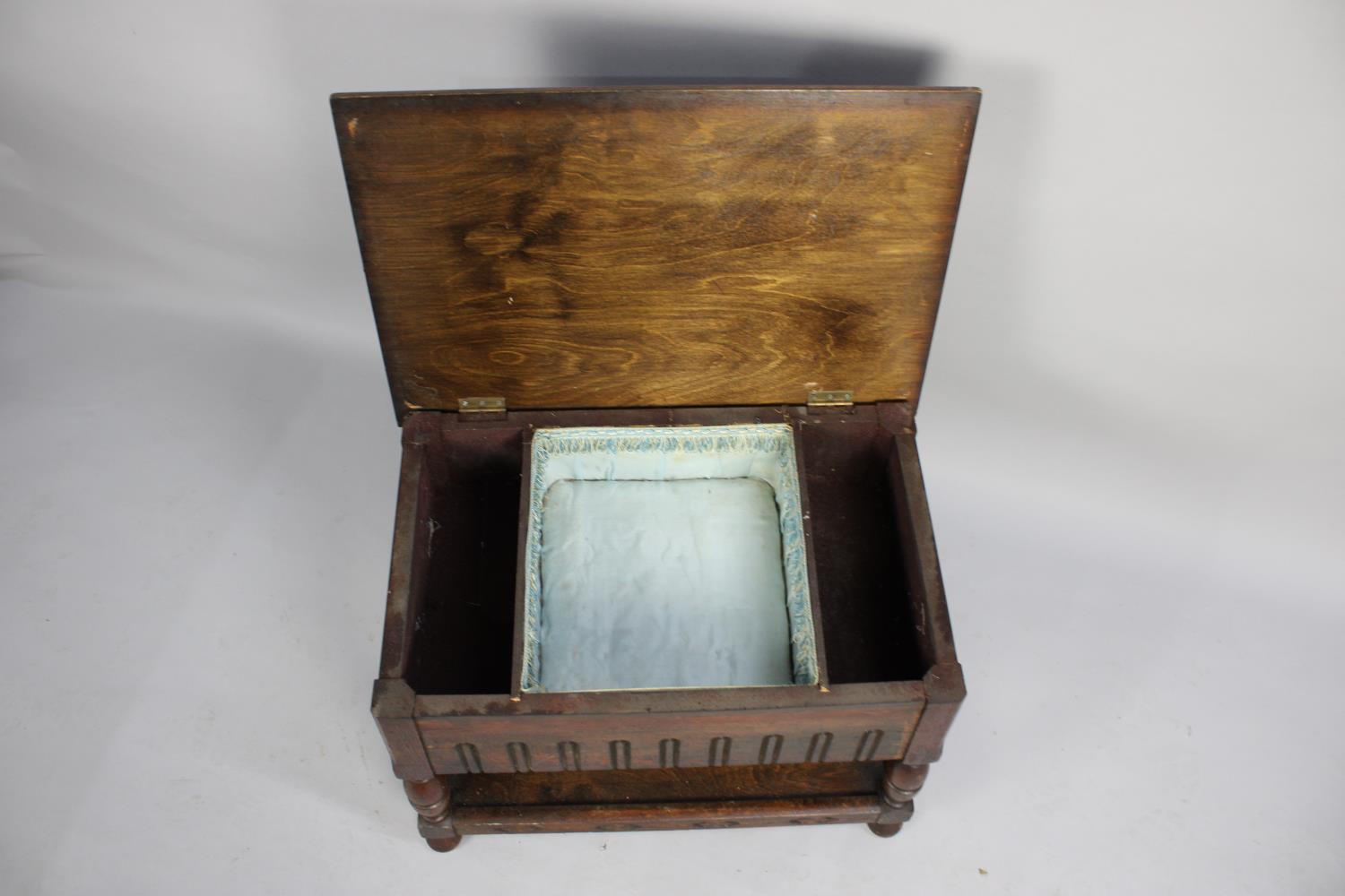 A Mid 20th Century Oak Lift Top Sewing Box with Stretcher Shelf, Hinged Lid to Fitted Interior - Image 3 of 3