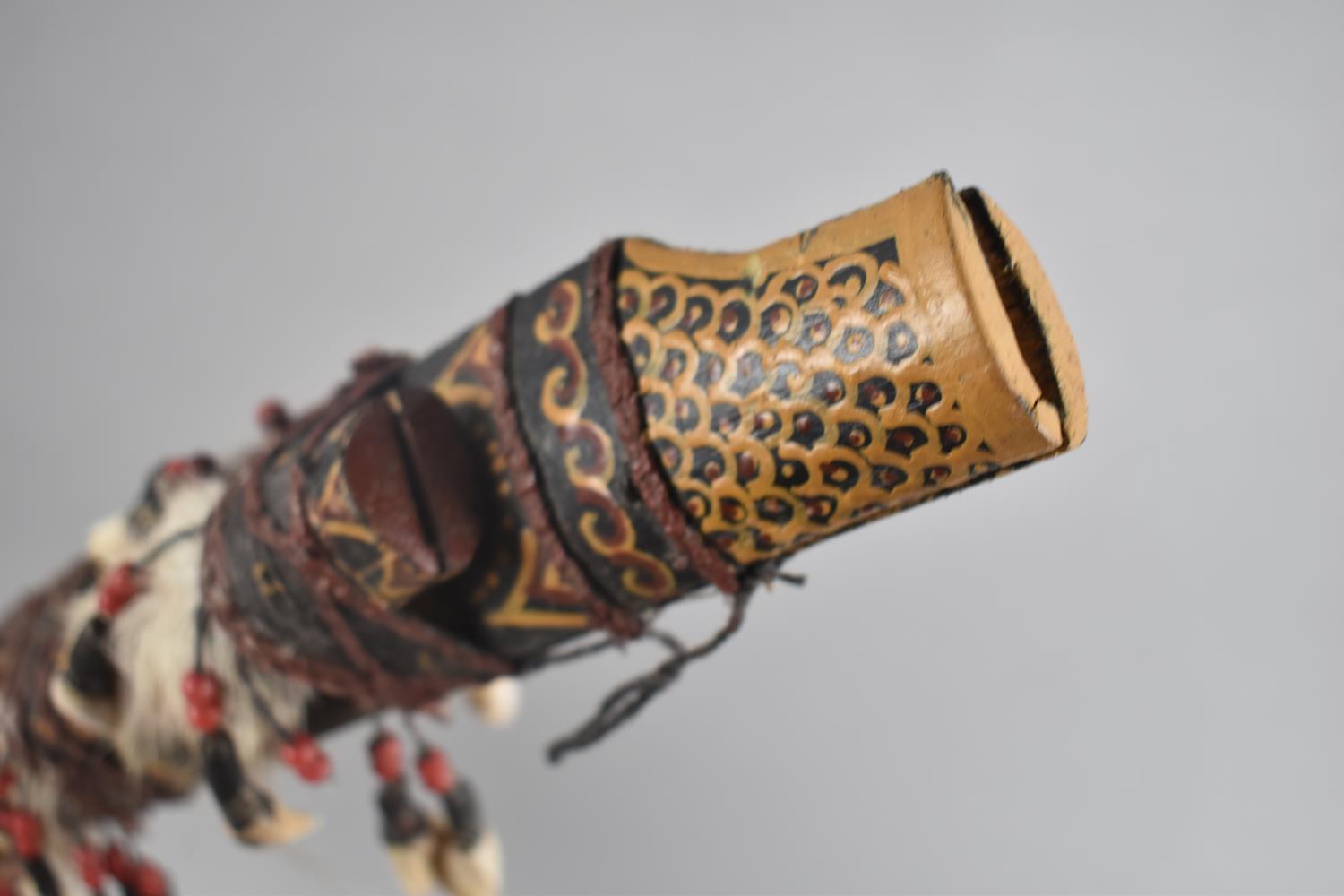 A Souvenir African Tribal Sword Decorated with Seashells, Animal Skin and Beads, Missing Dagger, - Image 3 of 3