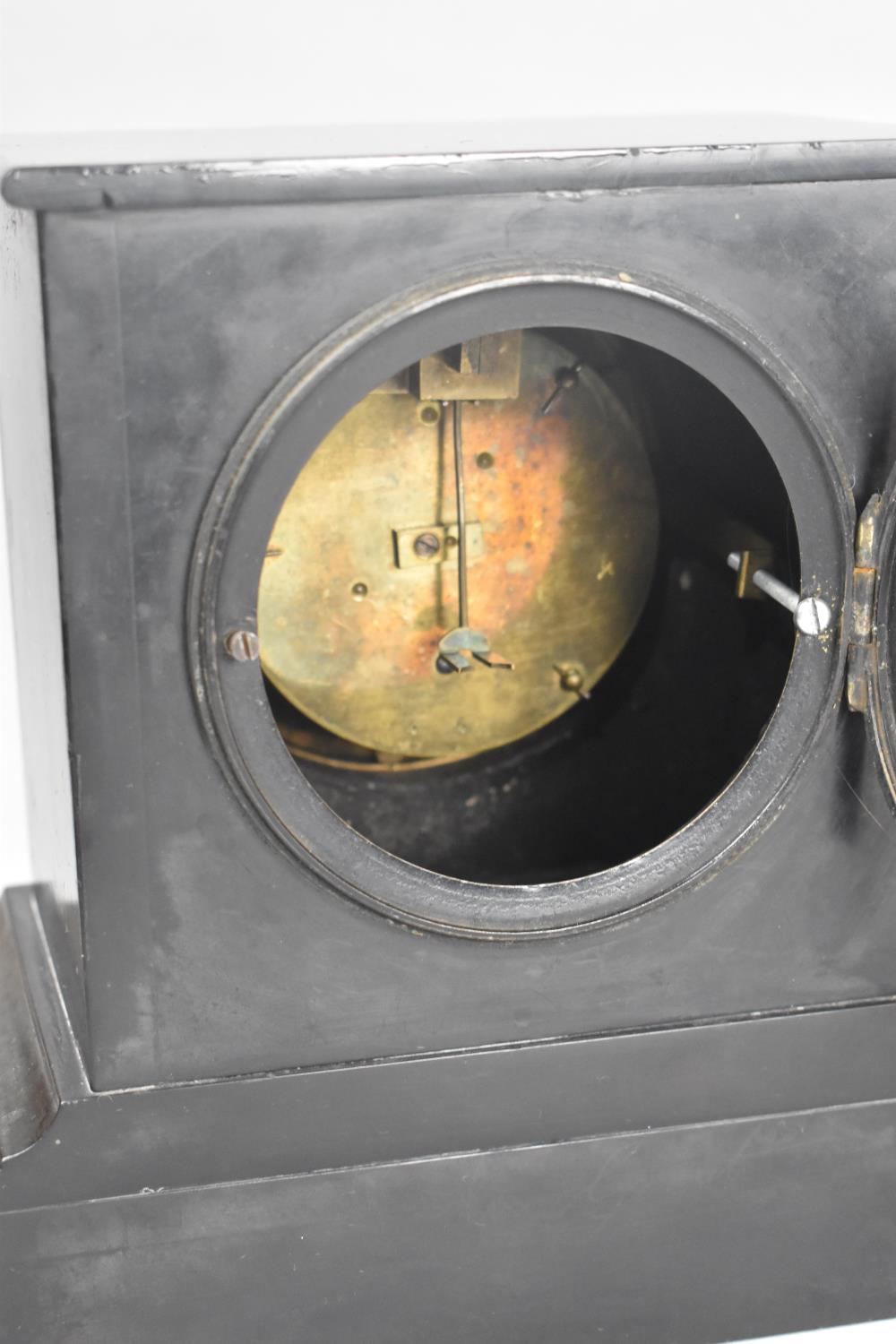 A Late 19th/Early 20th Century French Black Slate Mantel Clock, Missing Pendulum, 19cms Wide and - Image 2 of 2