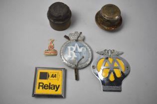 A Collection of Various Motoring Ephemera to include AA and RAC Badges, Brass Hub Caps, Raleigh