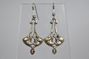 A Pair of White Metal Drop Earrings in the Art Nouveau Style with Organic Leaf Motif