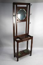 An Edwardian Oak Narrow Hall Stand with Centre Glove Box Having Hinged Lid, Two Metal Drop Trays and